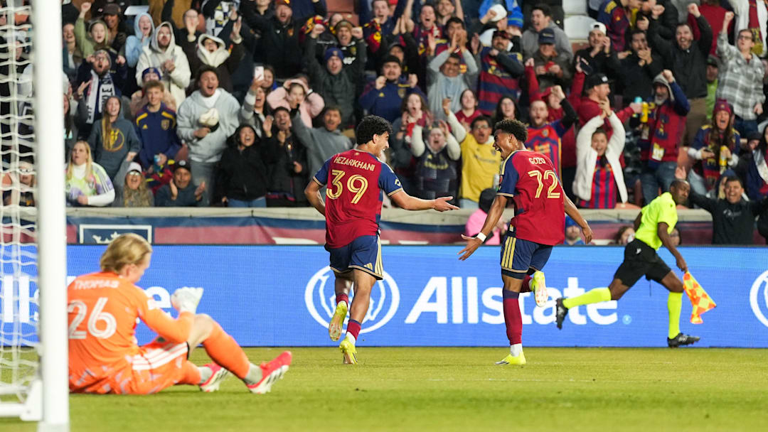 Feb 28, 2026; Sandy, Utah, USA; Real Salt Lake forward Aiden Hezarkhani (39) celebrates a first half goal with forward Zavier Gozo (72) against the Seattle Sounders at America First Field. Mandatory Credit: Aaron Baker-Imagn Images Feb 28, 2026; Sandy, Utah, USA; Real Salt Lake forward Aiden Hezarkhani (39) celebrates a first half goal with forward Zavier Gozo (72) against the Seattle Sounders at America First Field. Mandatory Credit: Aaron Baker-Imagn Images