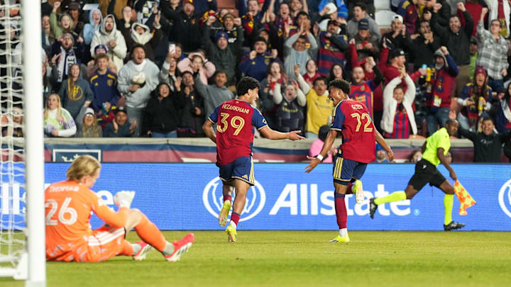 Feb 28, 2026; Sandy, Utah, USA; Real Salt Lake forward Aiden Hezarkhani (39) celebrates a first half goal with forward Zavier Gozo (72) against the Seattle Sounders at America First Field. Mandatory Credit: Aaron Baker-Imagn Images