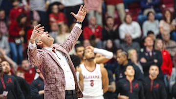 Mar 5, 2025; Tuscaloosa, Alabama, USA; Alabama Crimson Tide head coach Nate Oats reacts to a foul being called on Alabama Crimson Tide guard Mark Sears (1) during the second half against the Florida Gators at Coleman Coliseum. Mandatory Credit: Will McLelland-Imagn Images