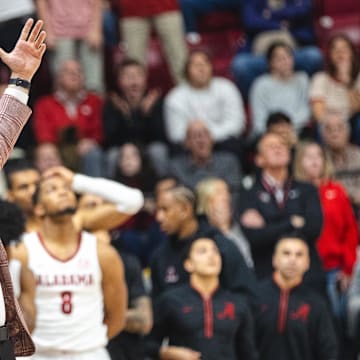 Mar 5, 2025; Tuscaloosa, Alabama, USA; Alabama Crimson Tide head coach Nate Oats reacts to a foul being called on Alabama Crimson Tide guard Mark Sears (1) during the second half against the Florida Gators at Coleman Coliseum. Mandatory Credit: Will McLelland-Imagn Images