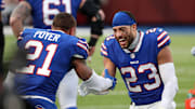 Bills safety Micah Hyde congratulates teammate Jordan Poyer after a defensive stand