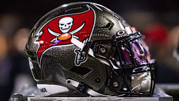 Oct 13, 2024; New Orleans, Louisiana, USA;  Detailed view of the Tampa Bay Buccaneers helmet against the New Orleans Saints during the first half at Caesars Superdome. Mandatory Credit: Stephen Lew-Imagn Images