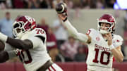 Oklahoma quarterback John Mateer throws a pass in the Sooners' win over Alabama.