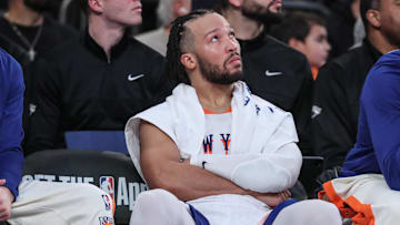 Feb 8, 2025; New York, New York, USA;  New York Knicks guard Jalen Brunson (11) sits on the bench in the final minutes of the game against the Boston Celtics at Madison Square Garden. Mandatory Credit: Wendell Cruz-Imagn Images
