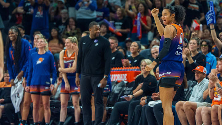 Aug 30, 2025; Phoenix, Arizona, USA; Phoenix Mercury forward Satou Sabally (0) reacts as her team pulls away late in the second half to beat the New York Liberty at Footprint Center. Mandatory Credit: Allan Henry-Imagn Images