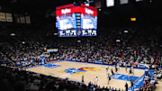 Nov 3, 2025; Lawrence, Kansas, USA; A general view of the court as Kansas Jayhawks guard Elmarko Jackson (13) shoots against during the first half against the Green Bay Phoenix at Allen Fieldhouse. Mandatory Credit: Jay Biggerstaff-Imagn Images