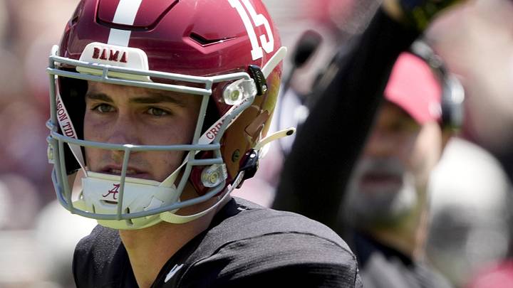 Apr 12, 2025; Tuscaloosa, AL, USA;  Alabama quarterback Ty Simpson (15) runs a drill during A-Day at Bryant-Denny Stadium. Mandatory Credit: Gary Cosby Jr.-Imagn Images