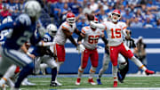 Sep 25, 2022; Indianapolis, Indiana, USA; Kansas City Chiefs quarterback Patrick Mahomes (15) throws for an incomplete pass during a game against the Kansas City Chiefs at Lucas Oil Stadium. Mandatory Credit: Jenna Watson/IndyStar Staff-Imagn Images