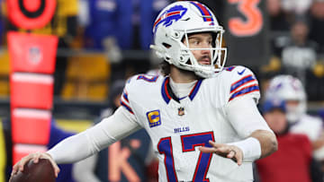 Buffalo Bills QB Josh Allen looks to pass during the first quarter against the Pittsburgh Steelers at Acrisure Stadium.