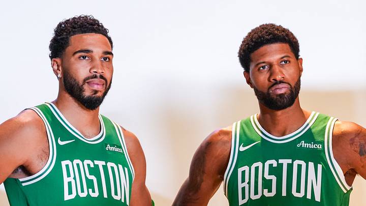 Sep 28, 2026; Boston, MA, USA; Boston Celtics forward/guard Jayson Tatum (0) with forward Paul George (13) during media day at Auerbach Center. Mandatory Credit: David Butler II-Imagn Images