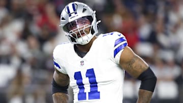 Nov 18, 2024; Arlington, Texas, USA;  Dallas Cowboys linebacker Micah Parsons (11) reacts during the first quarter against the Houston Texans at AT&T Stadium. Mandatory Credit: Kevin Jairaj-Imagn Images