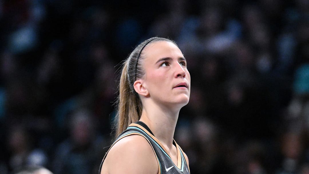 Jun 1, 2025; Brooklyn, New York, USA; New York Liberty guard Sabrina Ionescu (20) during the second half against the Connecticut Sun at Barclays Center. Mandatory Credit: John Jones-Imagn Images