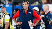 New England Patriots Head Coach, Mike Vrabel is shown on the sideline, Thursday, August 21, 2025, in East Rutherford.