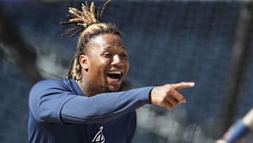 May 24, 2024; Pittsburgh, Pennsylvania, USA;  Atlanta Braves right fielder Ronald Acuna Jr. (13) reacts on the field before the game against the Pittsburgh Pirates at PNC Park. Mandatory Credit: Charles LeClaire-Imagn Images