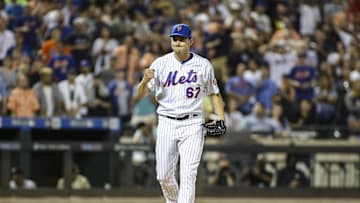 Aug 10, 2019; New York City, NY, USA; New York Mets pitcher Seth Lugo (67) reacts after getting the