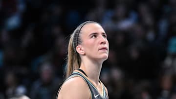 Jun 1, 2025; Brooklyn, New York, USA; New York Liberty guard Sabrina Ionescu (20) during the second half against the Connecticut Sun at Barclays Center. Mandatory Credit: John Jones-Imagn Images