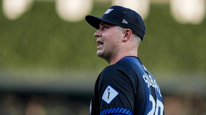 Detroit Tigers pitcher Tarik Skubal (29) reacts after right fielder Ryan Vilade's error against L. A. Dodgers during the fourth inning at Comerica Park in Detroit on Friday, July 12, 2024.