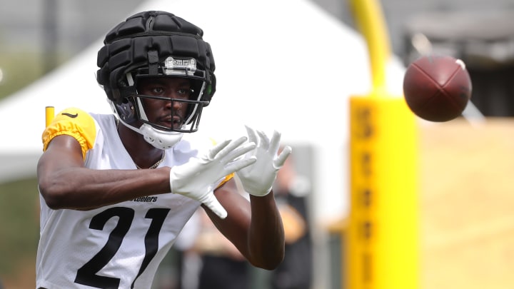 Jul 27, 2023; Latrobe, PA, USA; Pittsburgh Steelers wide receiver Hakeem Butler (21) participates in drills during training camp at Saint Vincent College. Mandatory Credit: Charles LeClaire-USA TODAY Sports