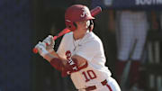 May 6, 2025; Athens, GA, USA; Alabama infielder Abby Duchscherer (10) prepares for the pitch during a game against Auburn at Jack Turner Softball Stadium. Mandatory Credit: Mady Mertens-Imagn Images