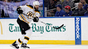 Apr 11, 2015; Tampa, FL, USA; Boston Bruins defenseman Zdeno Chara (33) skates against the Tampa Bay Lightning during the first period at Amalie Arena. Mandatory Credit: Kim Klement-Imagn Images