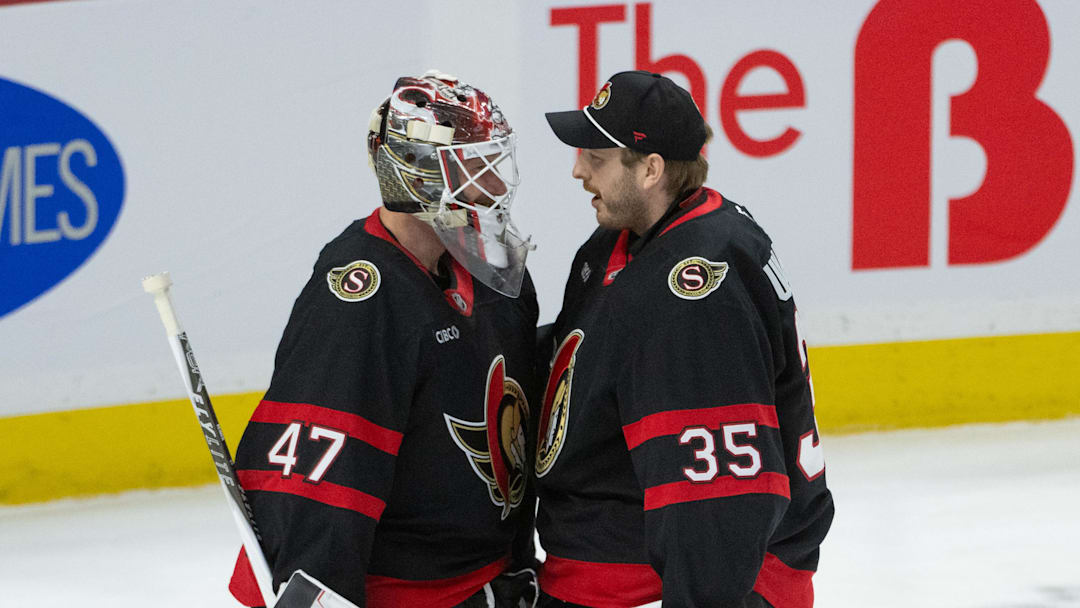 Apr 15, 2026; Ottawa, Ontario, CAN; Ottawa Senators goalie James Reimer (47) is congratulated by Linus Ullmark (35) following the team win against the Toronto Maple Leafs at the Canadian Tire Centre. Mandatory Credit: Marc DesRosiers-IMAGN Images