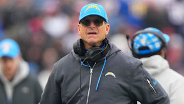 Dec 28, 2024; Foxborough, Massachusetts, USA; Los Angeles Chargers head coach Jim Harbaugh looks on from the sidelines during the first half against the New England Patriots at Gillette Stadium. Mandatory Credit: Gregory Fisher-Imagn Images
