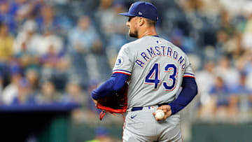 Aug 20, 2025; Kansas City, Missouri, USA; Texas Rangers pitcher Shawn Armstrong (43) on the mound during the seventh inning against the Kansas City Royals at Kauffman Stadium.