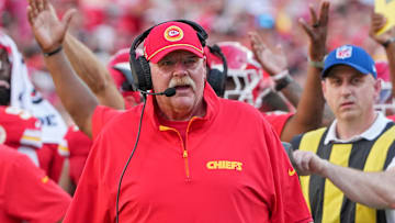 Sep 15, 2024; Kansas City, Missouri, USA; Kansas City Chiefs head coach Andy Reid reacts to a no-call against the Cincinnati Bengals during the game at GEHA Field at Arrowhead Stadium. Mandatory Credit: Denny Medley-Imagn Images