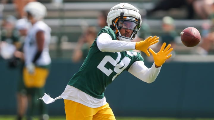 Green Bay Packers safety Tyler Coyle (24) runs through a drill on Friday, July 26, 2024, at Ray Nitschke Field in Ashwaubenon, Wis,