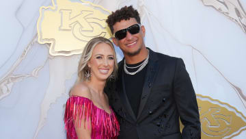 Jun 13, 2024; Kansas City, MO, USA; Kansas City Chiefs quarterback Patrick Mahomes and wife Brittany pose for a photo on the red carpet at the Nelson Art Gallery. Mandatory Credit: Denny Medley-USA TODAY Sports