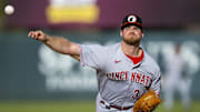 Oct 22, 2022; Phoenix, Arizona, USA; Cincinnati Reds pitcher Sam Benschoter plays for the Glendale Desert Dogs during an Arizona Fall League baseball game at Phoenix Municipal Stadium. Mandatory Credit: Mark J. Rebilas-Imagn Images