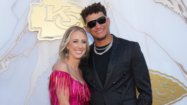 Jun 13, 2024; Kansas City, MO, USA; Kansas City Chiefs quarterback Patrick Mahomes and wife Brittany pose for a photo on the red carpet at the Nelson Art Gallery. Mandatory Credit: Denny Medley-USA TODAY Sports