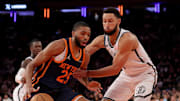 Nov 15, 2024; New York, New York, USA; New York Knicks forward Mikal Bridges (25) drives to the basket against Brooklyn Nets guard Ben Simmons (10) during the fourth quarter at Madison Square Garden. Mandatory Credit: Brad Penner-Imagn Images