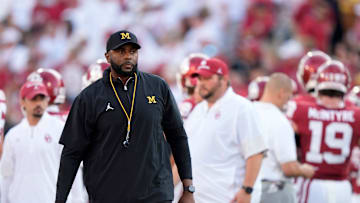 Michigan head football coach Sherrone Moore is pictured before the college football game between the University of Oklahoma Sooner and the University of Michigan Wolverines at the Gaylord Family Ð Oklahoma Memorial Stadium in Norman, Okla., Saturday, Sept. 6, 2025.