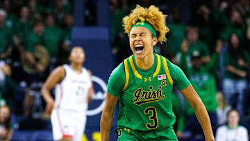 Notre Dame guard Hannah Hidalgo (3) celebrates scoring a three point shot during a NCAA women's basketball game between No. 8 Notre Dame and No. 2 UConn at Purcell Pavilion on Thursday, Dec. 12, 2024, in South Bend.