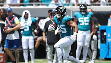Sep 7, 2025; Jacksonville, Florida, USA; Jacksonville Jaguars tight end Brenton Strange (85) runs after the catch Carolina Panthers during the first half at EverBank Stadium. Mandatory Credit: Morgan Tencza-Imagn Images