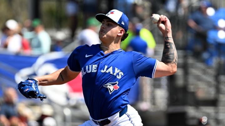 Toronto Blue Jays starting pitcher Ricky Tiedemann (70) delivers a pitch in the first inning of a spring training game against the Detroit Tigers at TD Ballpark on March 15.