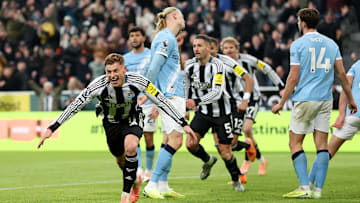 Harvey Barnes (left) runs off after scoring his second goal and the game-winner.