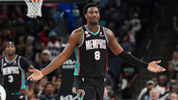 Grizzlies' Jaren Jackson Jr. (8) reacts after fouling out during the home opener against the New Orleans Pelicans at FedExForum on October 22, 2025.