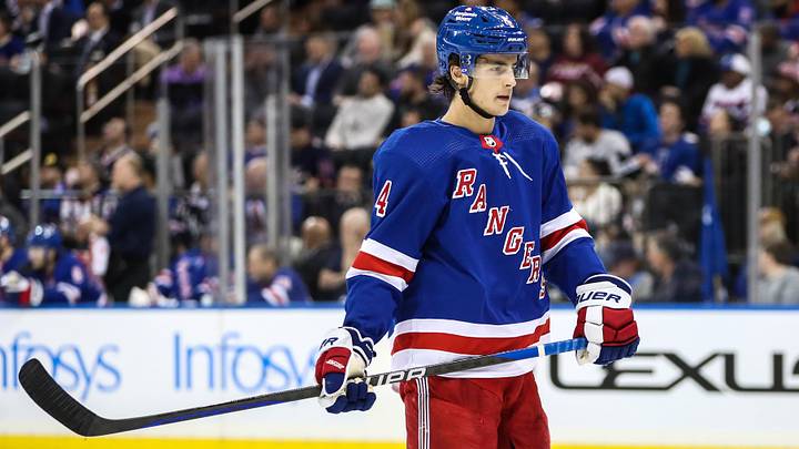 Nov 1, 2022; New York, New York, USA; New York Rangers defenseman Braden Schneider (4) at Madison Square Garden. Mandatory Credit: Wendell Cruz-USA TODAY Sports Nov 1, 2022; New York, New York, USA; New York Rangers defenseman Braden Schneider (4) at Madison Square Garden. Mandatory Credit: Wendell Cruz-USA TODAY Sports