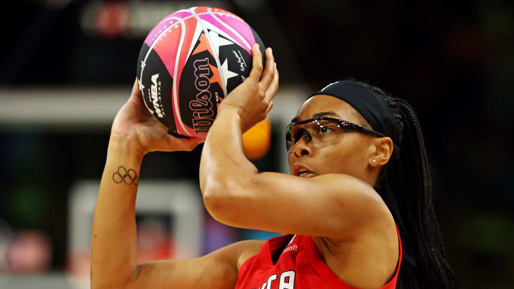 Jul 19, 2024; Phoenix, AZ, USA; Atlanta Dream player Allisha Gray participates in the 3-point contest during the WNBA All-Star Skills Night at the Footprint Center. 