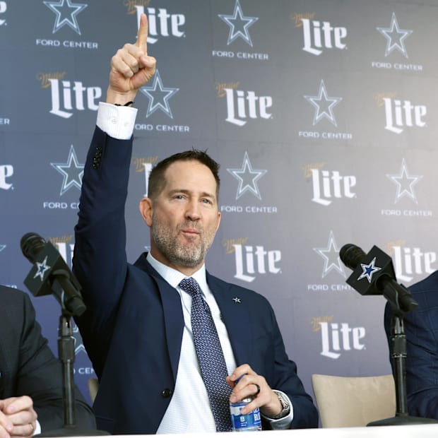 Dallas Cowboys head coach Brian Schottenheimer speaks to the media at a press conference at the Star. 