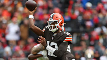 Nov 30, 2025; Cleveland, Ohio, USA;  Cleveland Browns quarterback Shedeur Sanders (12) drops back to make a pass during the first half against the San Francisco 49ers at Huntington Bank Field. Mandatory Credit: Scott Galvin-Imagn Images