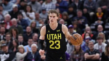 Mar 27, 2024; Salt Lake City, Utah, USA; Utah Jazz forward Lauri Markkanen (23) brings the ball up the court against the San Antonio Spurs during the first quarter at Delta Center. Mandatory Credit: Rob Gray-USA TODAY Sports
