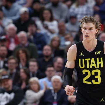 Mar 27, 2024; Salt Lake City, Utah, USA; Utah Jazz forward Lauri Markkanen (23) brings the ball up the court against the San Antonio Spurs during the first quarter at Delta Center. Mandatory Credit: Rob Gray-USA TODAY Sports