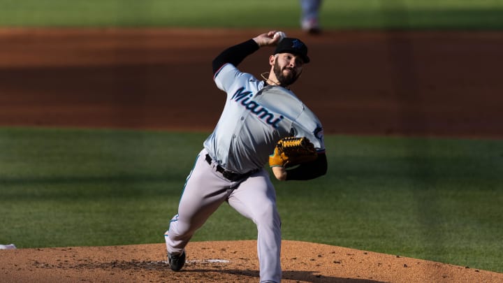 Jun 28, 2024; Philadelphia, Pennsylvania, USA; Miami Marlins pitcher Kyle Tyler (73) throws a pitch during the second inning against the Philadelphia Phillies at Citizens Bank Park.