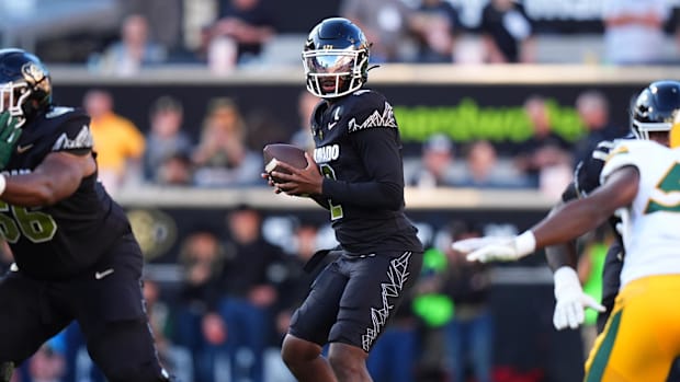 Colorado Buffaloes quarterback Shedeur Sanders (2) prepares to pass the ball in the first quarter against North Dakota State,