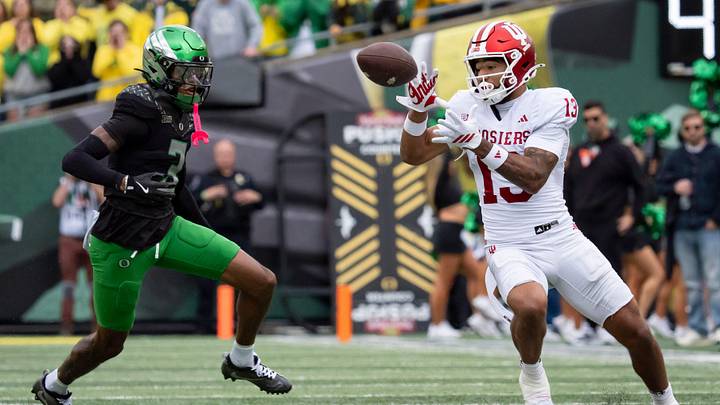 Indiana wide receiver Elijah Sarratt burned the Ducks for eight catches, 121 yards and a touchdown in the Hoosiers 30-20 win on October 11. Despite missing two games the 6-2, 213 senior caught 13 touchdowns this season.