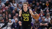 Mar 27, 2024; Salt Lake City, Utah, USA; Utah Jazz forward Lauri Markkanen (23) brings the ball up the court against the San Antonio Spurs during the first quarter at Delta Center. Mandatory Credit: Rob Gray-USA TODAY Sports