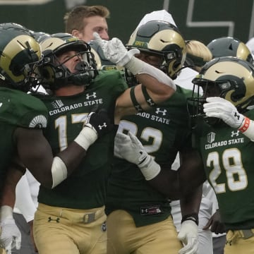 Sep 10, 2022; Fort Collins, Colorado, USA; Colorado State Rams defensive back Jack Howell (17) celebrates a late interception  at Sonny Lubick Field at Canvas Stadium. Mandatory Credit: Michael Madrid-USA TODAY Sports